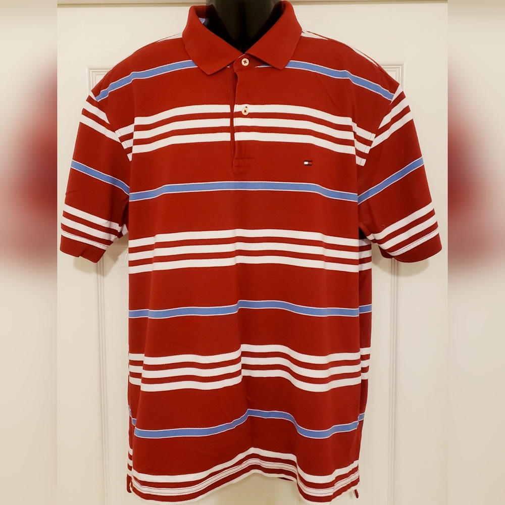 Tommy Hilfiger Polo Red White Short Sleeve Shirt Men Size Large